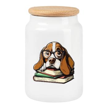 Mignon livre de lecture pour chiens basset hound avec lunettes - Boîte à biscuits avec couvercle en bois - blanc - Devant