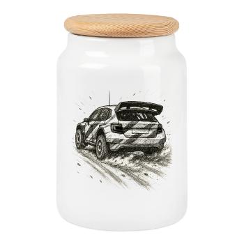 Rally Car Sketch on Gravel Road - Cookie Jar with Wooden Lid - white - Front