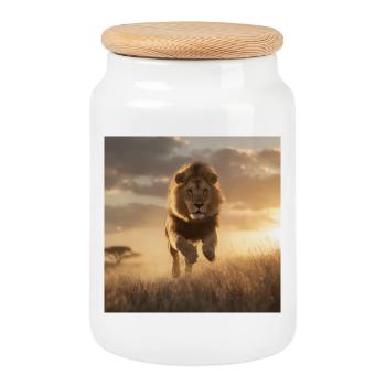 Leap of the Lion, King of the Savane - Cookie Jar with Wooden Lid - white - Front