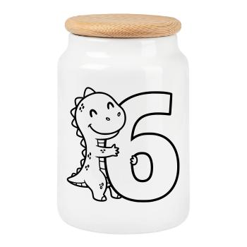 Dino mit Zahl 6 Cartoon Illustration - Keksdose mit Holzdeckel - Weiß - Vorne