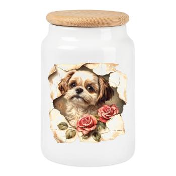 Fleurs Shih Tzu - Boîte à biscuits avec couvercle en bois - blanc - Devant
