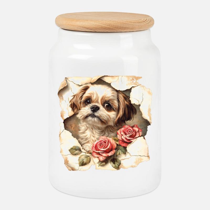 Shih Tzu Blumen - Keksdose mit Holzdeckel - Weiß