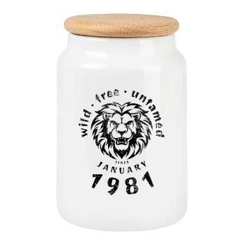 45. Geburtstag Wild, free & untamed since 01/1981 - Cookie Jar with Wooden Lid - white - Front