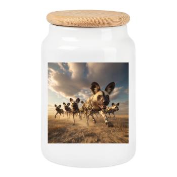 Wild dog pack in the dust – power of the savannah - Cookie Jar with Wooden Lid - white - Front