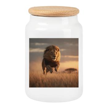 Lion en savane en sprint - Boîte à biscuits avec couvercle en bois - blanc - Devant