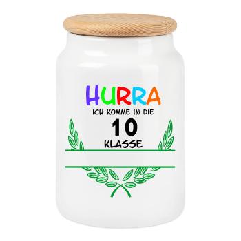 HOURRA ich komme in die 10. Classe – Espace de noms - Boîte à biscuits avec couvercle en bois - blanc - Devant