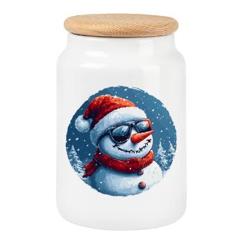Cool snowman with sunglasses in the snow - Cookie Jar with Wooden Lid - white - Front
