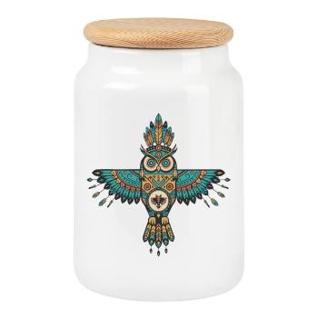 Hibou tribal – Gardien spirituel - Boîte à biscuits avec couvercle en bois - blanc - Devant