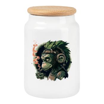 Gorille avec des écouteurs et de la fumée - Boîte à biscuits avec couvercle en bois - blanc - Devant