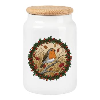 Autumn robin in a wreath - Cookie Jar with Wooden Lid - white - Front