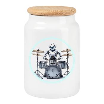 Drum Machine Roboter - Keksdose mit Holzdeckel - Weiß - Vorne