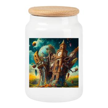 Surreal clock tower and globe - Cookie Jar with Wooden Lid - white - Front