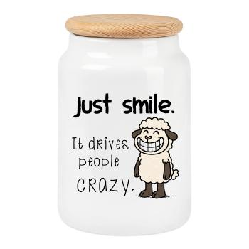 Just Smile – Freches Schaf Motiv Take it easy - Keksdose mit Holzdeckel - Weiß - Vorne