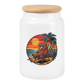 Lustiger Biber am Strand, Sommerurlaub Sonnenuntergang - Keksdose mit Holzdeckel - Weiß - Vorne