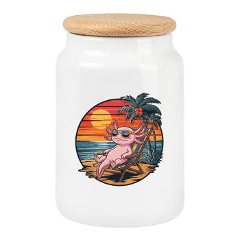 Drôle d’axolotl sur le coucher de soleil des vacances d’été à la plage - Boîte à biscuits avec couvercle en bois - blanc - Devant