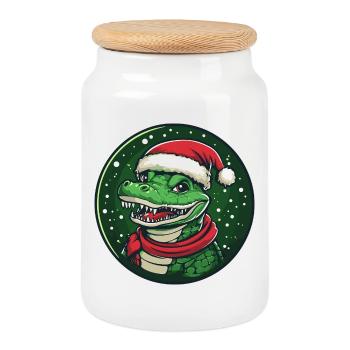 Alligator avec le chapeau de Père Noël - Boîte à biscuits avec couvercle en bois - blanc - Devant