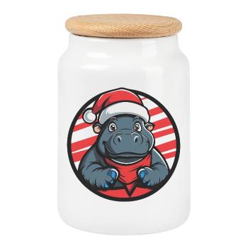 Christmas Hippo Cartoon - Cookie Jar with Wooden Lid - white - Front