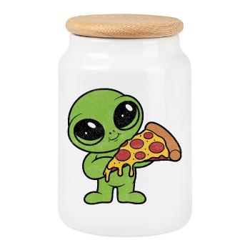 Cute Alien with Pizza Slice Pizza Fan - Cookie Jar with Wooden Lid - white - Front