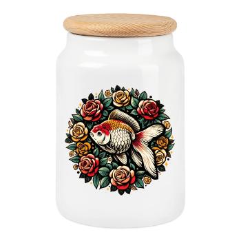 Koi-und-Rosen-Kreis-Design - Keksdose mit Holzdeckel - Weiß - Vorne