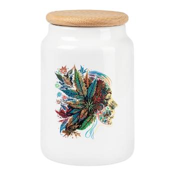 Psychedelische Blattensilhouette - Keksdose mit Holzdeckel - Weiß - Vorne
