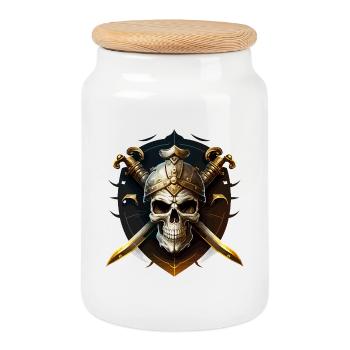 Schädelkrieger mit Helm und Klingen - Keksdose mit Holzdeckel - Weiß - Vorne