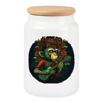 Singe avec guitare dans la jungle - Boîte à biscuits avec couvercle en bois - blanc - Devant
