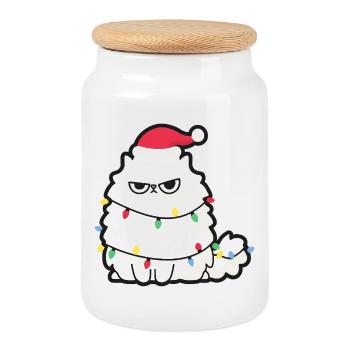 Grimmige Weihnachtskatze mit Lichtern - Keksdose mit Holzdeckel - Weiß - Vorne