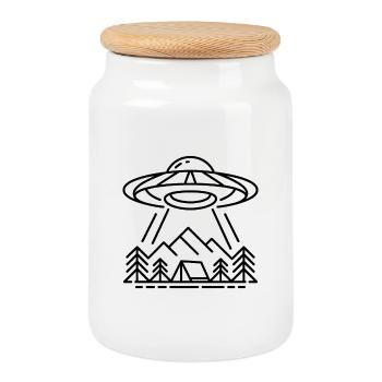 OVNI au campement - Logo extraterrestre cool - Boîte à biscuits avec couvercle en bois - blanc - Devant