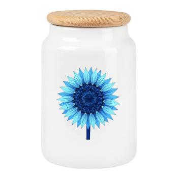 Geometric Blue Sunflower - Cookie Jar with Wooden Lid - white - Front
