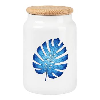 Feuille bleue de monstre géométrique - Boîte à biscuits avec couvercle en bois - blanc - Devant