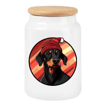 Doberman with Santa hat - Cookie Jar with Wooden Lid - white - Front