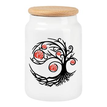 Stylized Black Tree and Red Roses - Cookie Jar with Wooden Lid - white - Front