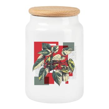 Philodendron Variegata – Pop Art Plant Art - Cookie Jar with Wooden Lid - white - Front