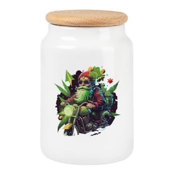 Biker Gnome with Grass Leaves - Cookie Jar with Wooden Lid - white - Front