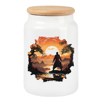 Sonnenuntergangsamurai am stillen See - Keksdose mit Holzdeckel - Weiß - Vorne