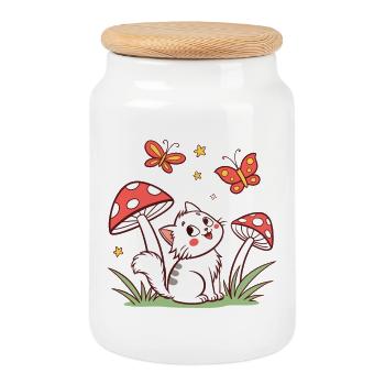 Chat fantaisiste parmi les champignons - Boîte à biscuits avec couvercle en bois - blanc - Devant