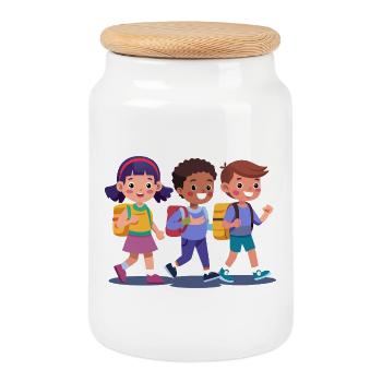 Aventure de promenade des enfants à l’école - Boîte à biscuits avec couvercle en bois - blanc - Devant
