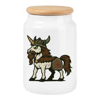 Viking Warrior Unicorn with Beard and Norse Mark - Cookie Jar with Wooden Lid - white - Front