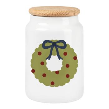 Couronne avec ruban bleu et baies rouges - Boîte à biscuits avec couvercle en bois - blanc - Devant
