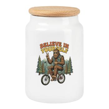Believe in Yourself – Bigfoot on Bicycle Comic - Cookie Jar with Wooden Lid - white - Front