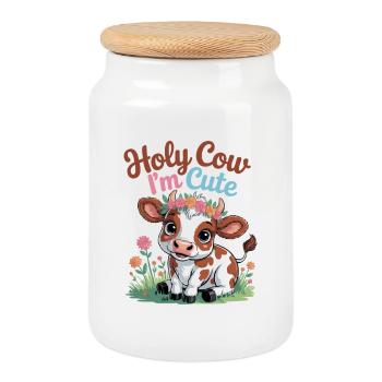 Süße Kuh mit Blumenkranz - Holy Cow I'm cute - Keksdose mit Holzdeckel - Weiß - Vorne