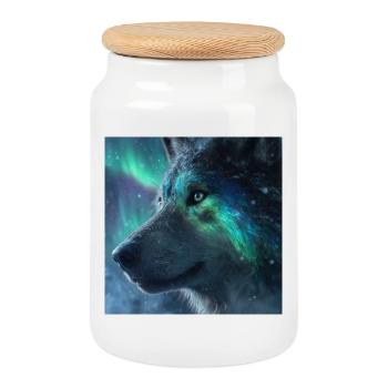 Majestic wolf in front of the Northern Lights - Cookie Jar with Wooden Lid - white - Front