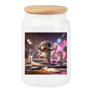 DJ Cat Party Vibes Music Headphone Design - Cookie Jar with Wooden Lid - white - Front