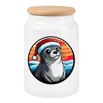 Sea Lion in Winter Santa Hat - Cookie Jar with Wooden Lid - white - Front
