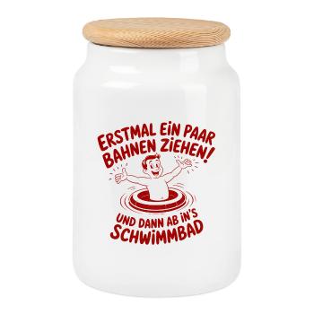 Ein paar Bahnen ziehen - und danach ab in's Bad - Keksdose mit Holzdeckel - Weiß - Vorne