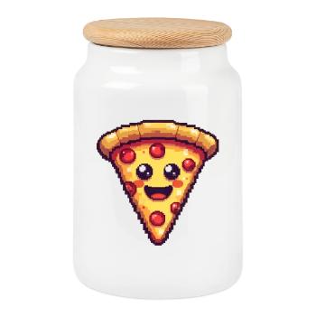 Pixel Pizza Smiling Slice - Boîte à biscuits avec couvercle en bois - blanc - Devant
