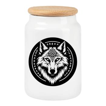 Wolf with Nordic symbols - Cookie Jar with Wooden Lid - white - Front