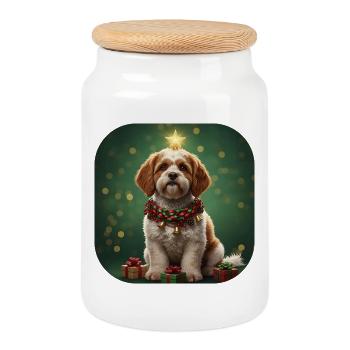 Sternenklare Weihnachten Spinone-Welpe mit Glocke - Keksdose mit Holzdeckel - Weiß - Vorne