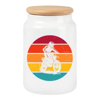Characterful motocross design - Cookie Jar with Wooden Lid - white - Front