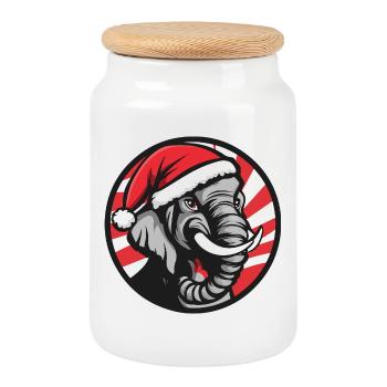 Weihnachts-Elefant mit Santa-Hut - Keksdose mit Holzdeckel - Weiß - Vorne